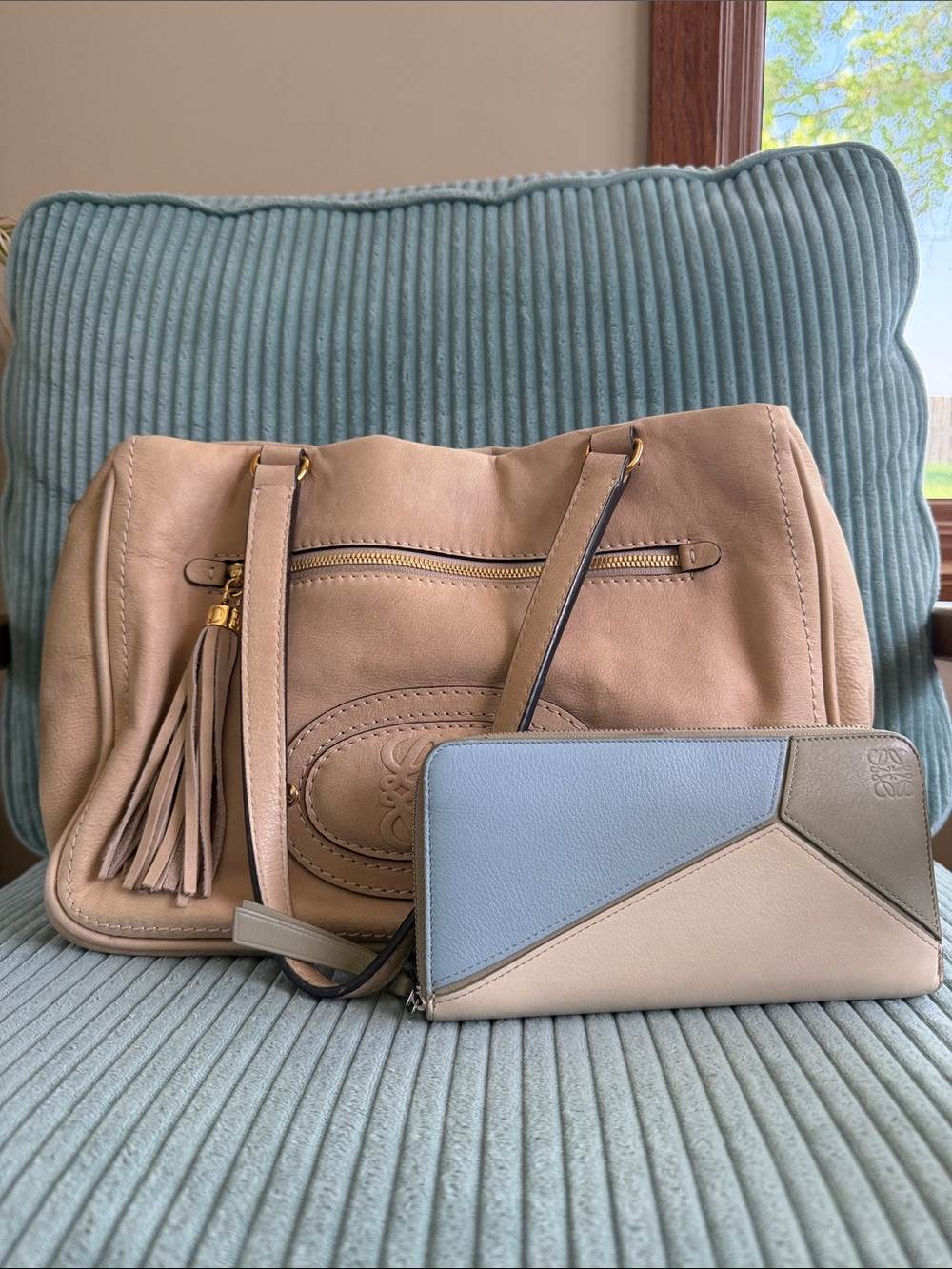 Loewe Beige Shoulder Bag with Blue and Taupe Wallet